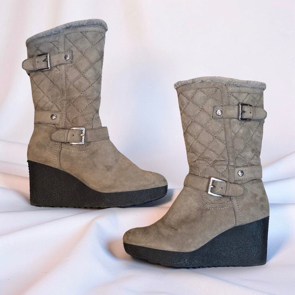Y2K Guess Quilted Faux Suede Wedge Faux Fur Lined Buckle Wedge Boots 6